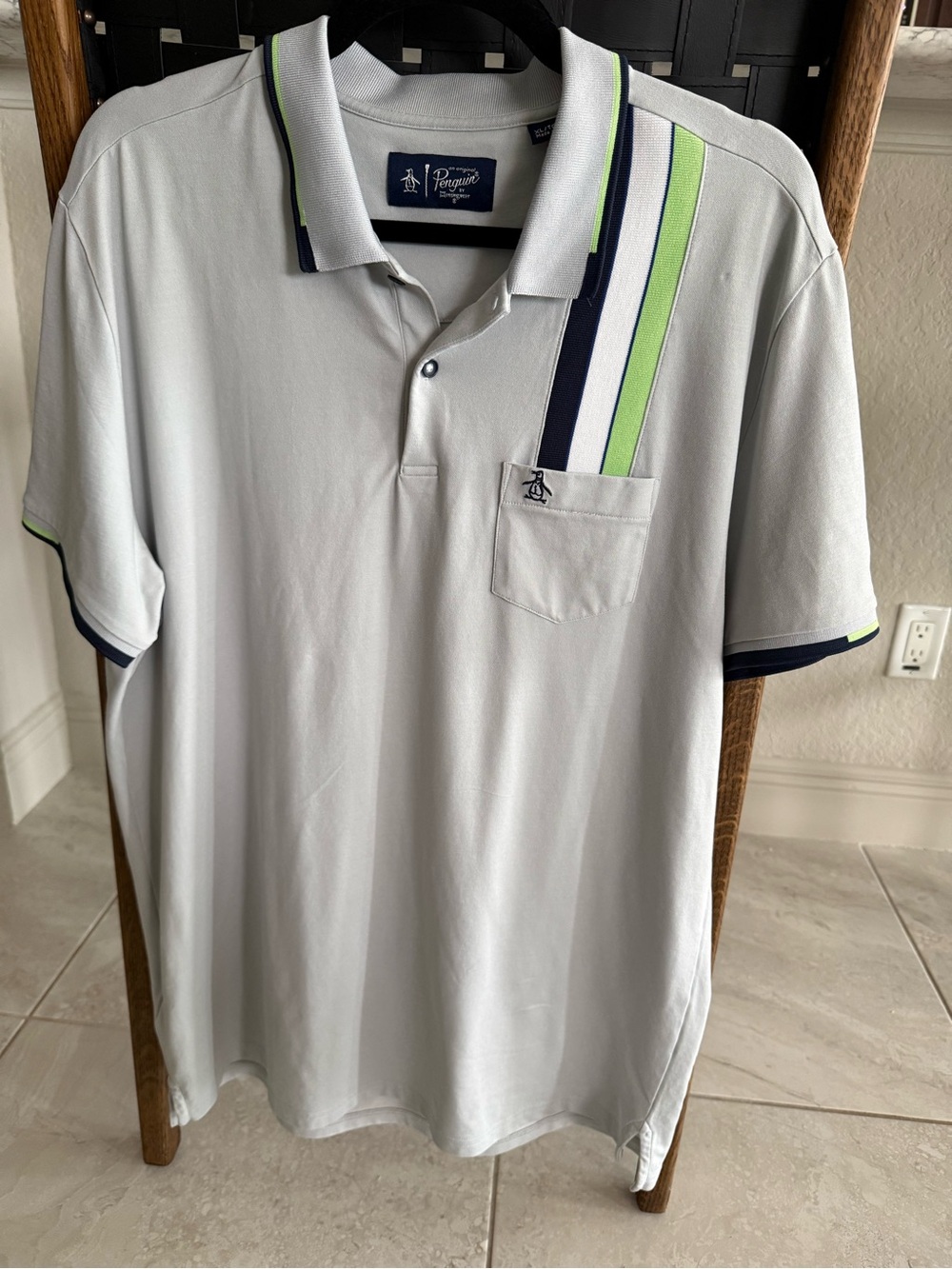 Original Penguin Light Gray Polo with Navy and Lime Stripe
